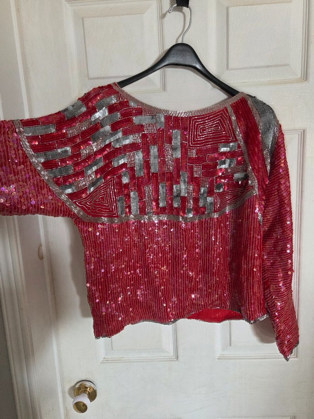 Unique vintage red and silver sequins silk blouse